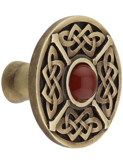 Celtic Jewel Knob Inset with Red Carnelian in Antique Brass.